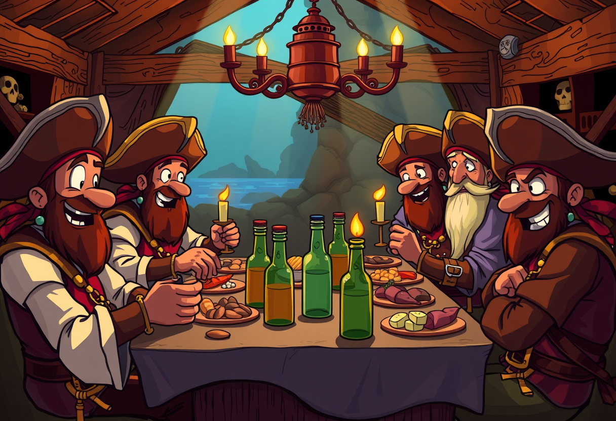 Piraten die gezellig eten in een restaurant