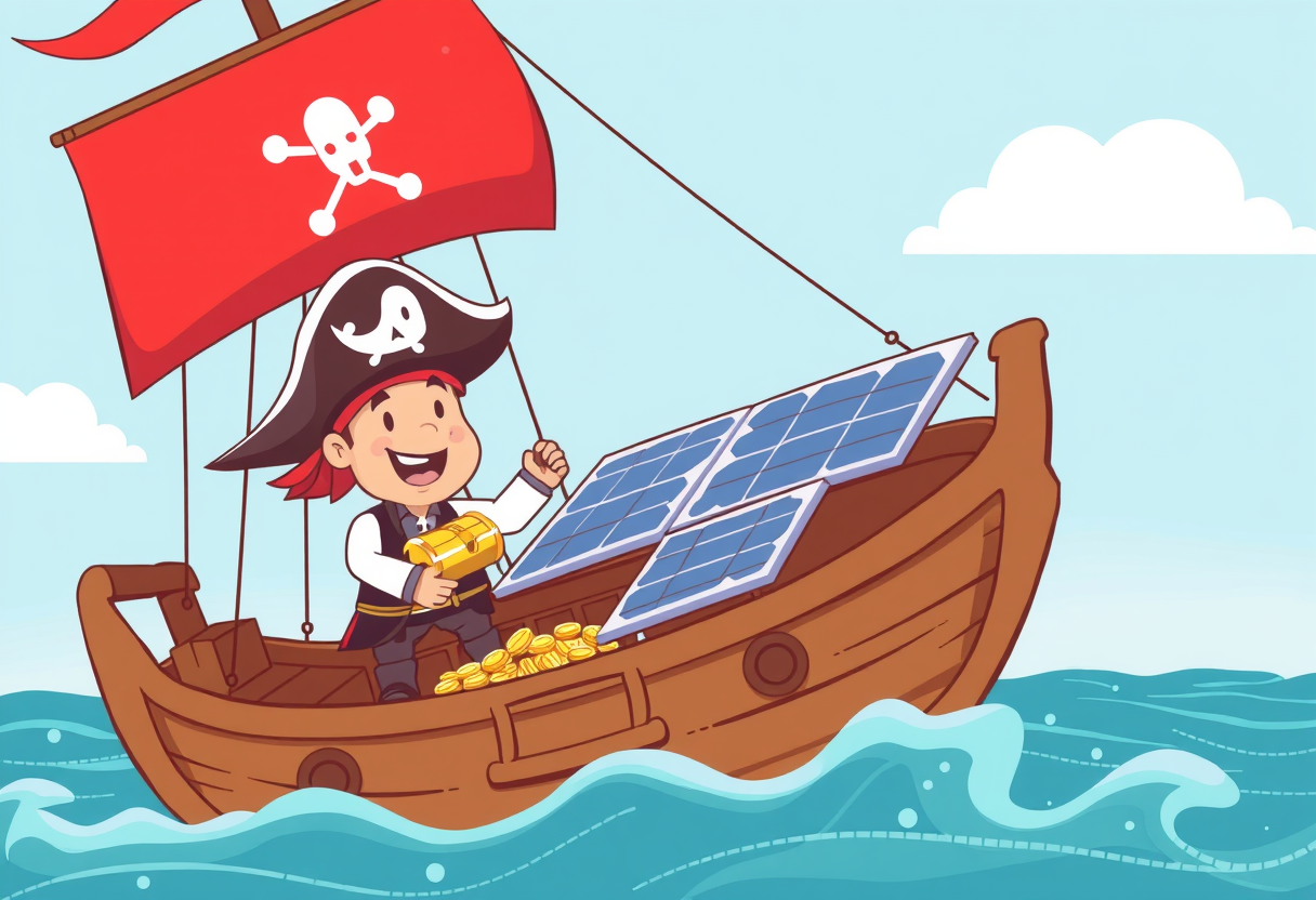 Piraat op een schip met zonnepanelen en wat goudstukken.