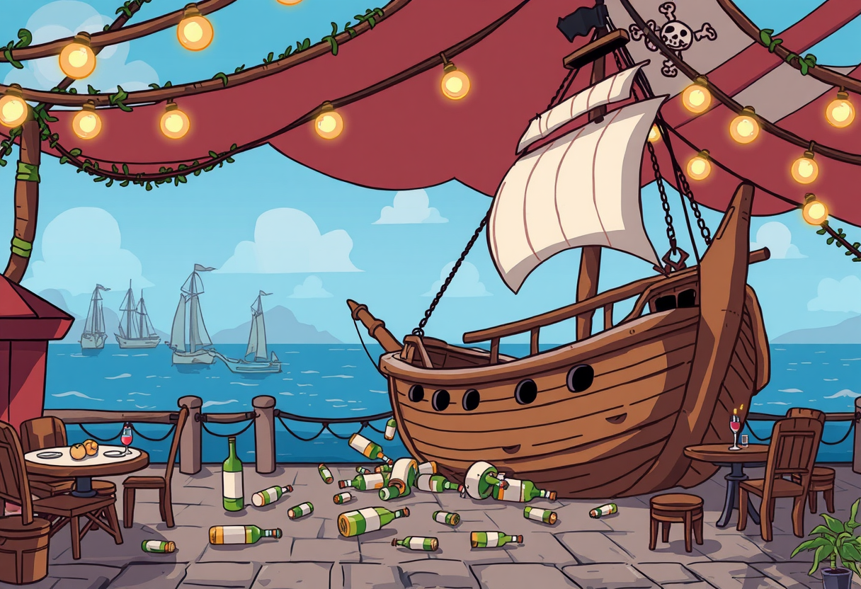 Piratenschip op een teras.