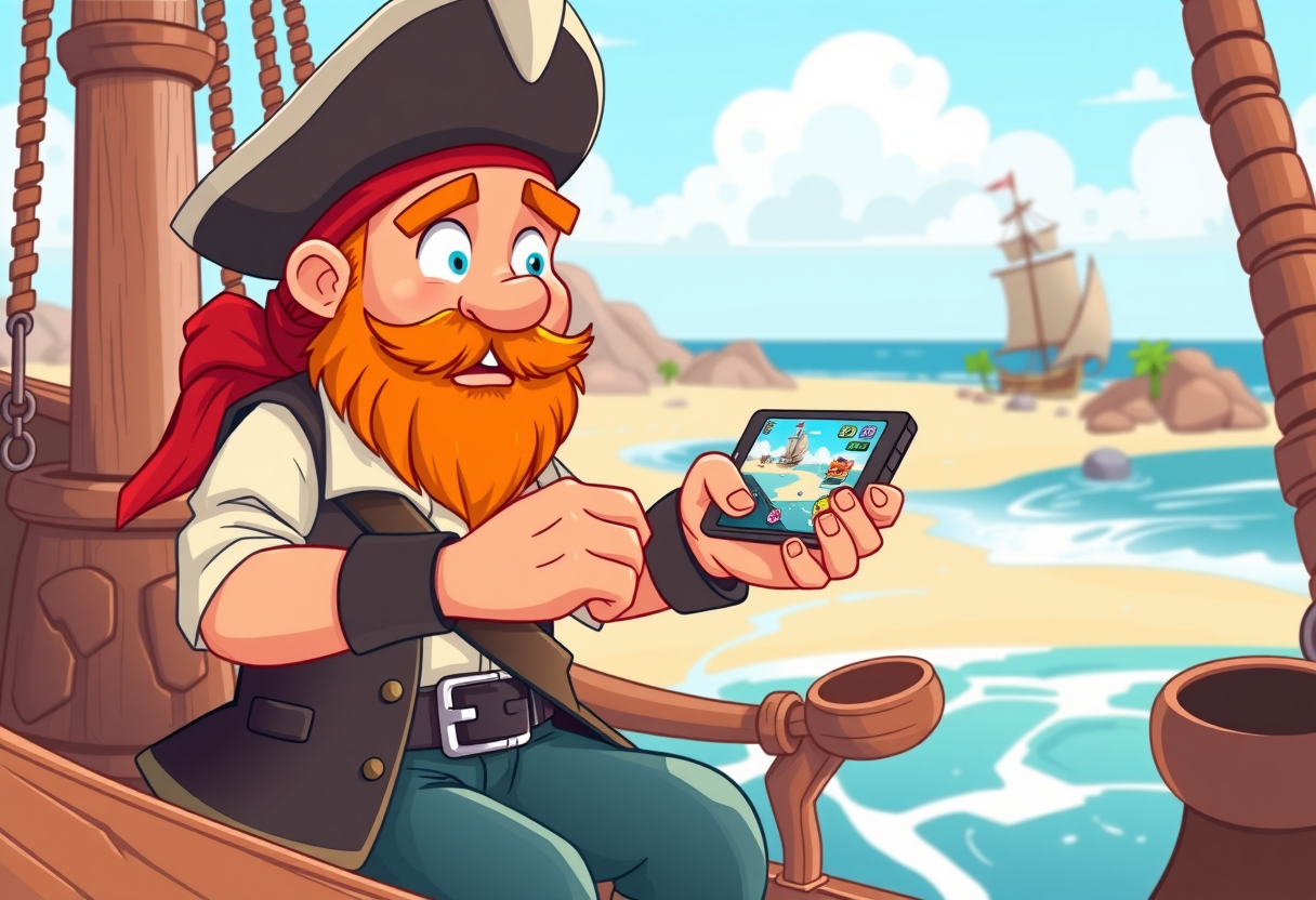 Een aangemeerde piraat die een spelletje op zijn telefoon speelt