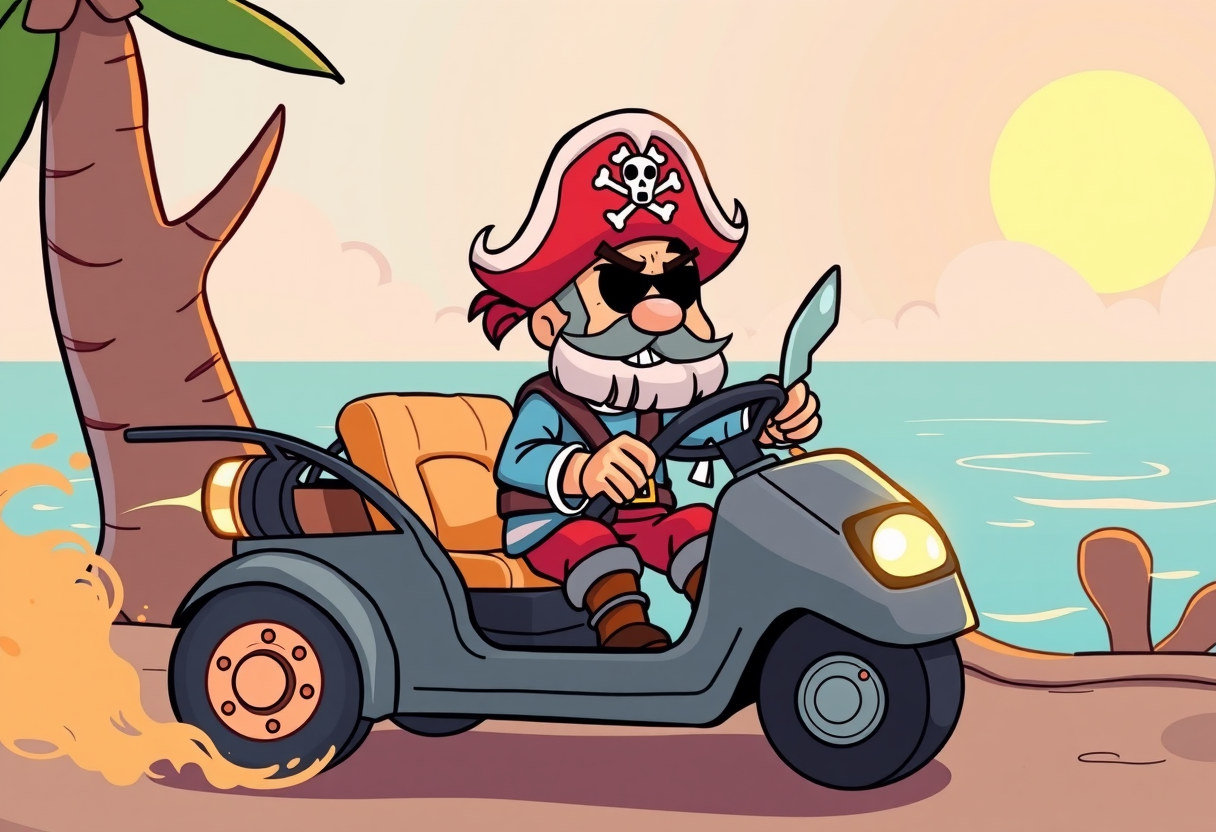 Een piraat in een elektrische auto