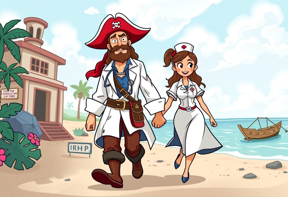 Een piraten arts-zuster koppel loopt weg van het ziekenhuis