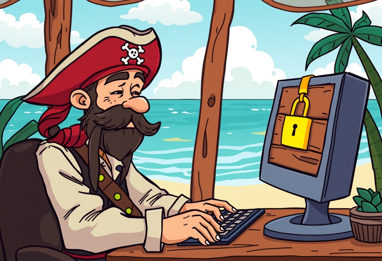 Een piraat die naar een computer scherm kijkt