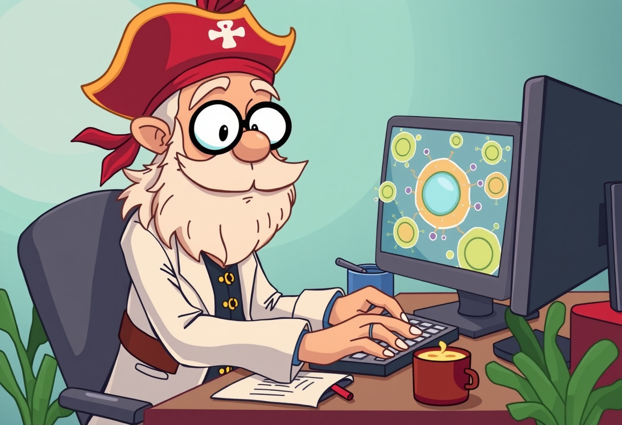 Een piraat die werkt met een computer