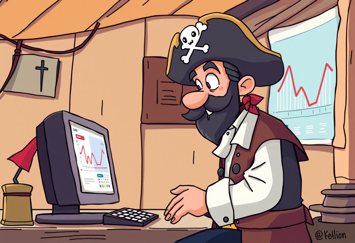 Een piraat die naar een computer kijkt