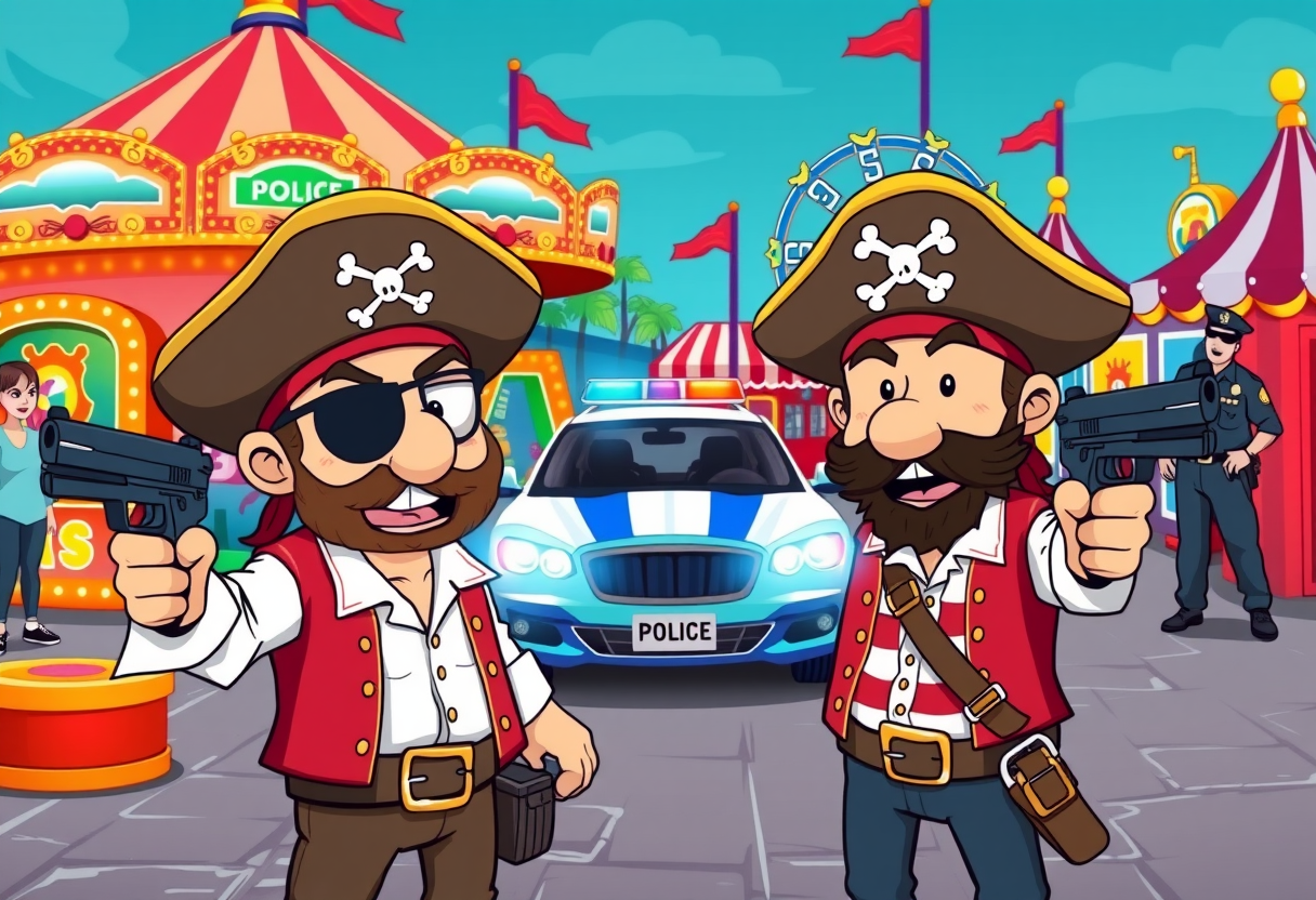 twee piraten met een geweer op de kermis
