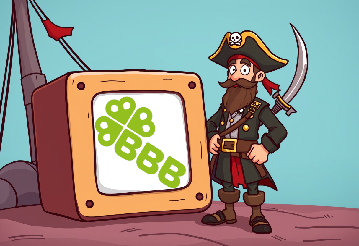 Piraat die naast de politieke tv staat waar het logo van BBB is te zien.