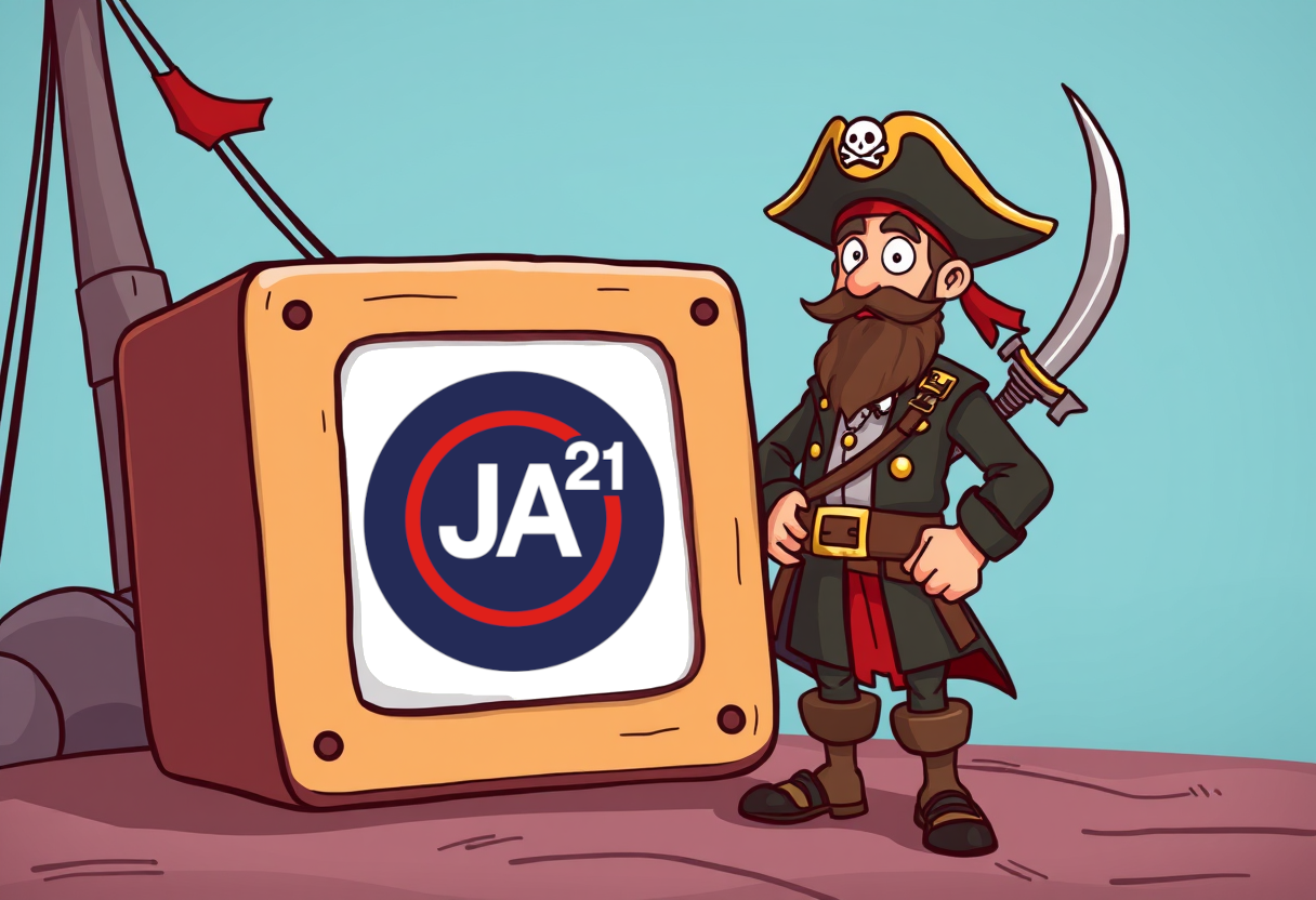 Piraat die naast de politieke tv staat waar het logo van JA21 is te zien.