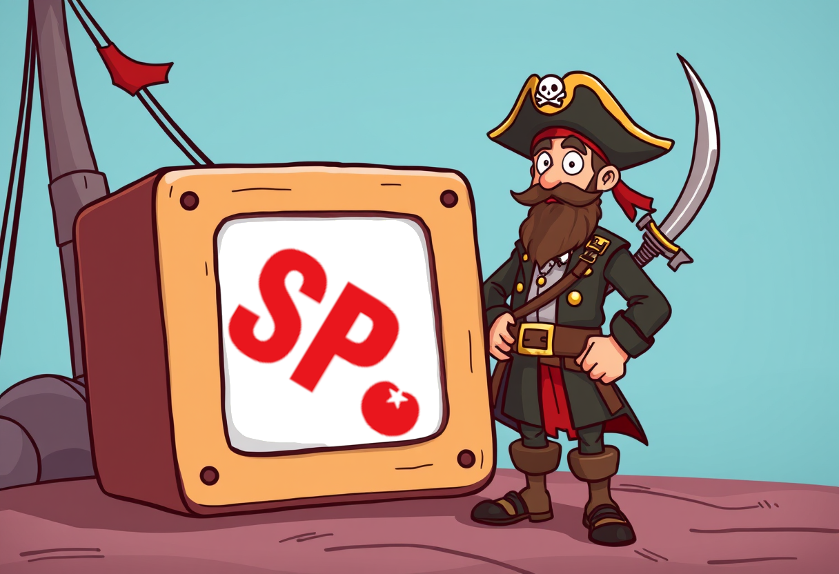 Piraat die naast de politieke tv staat waar het logo van SP is te zien.