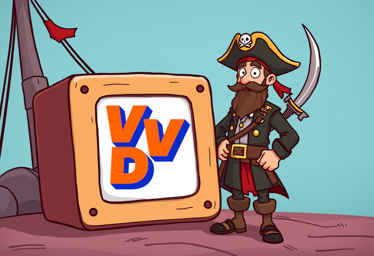 Piraat die naast de politieke tv staat waar het logo van VVD is te zien.