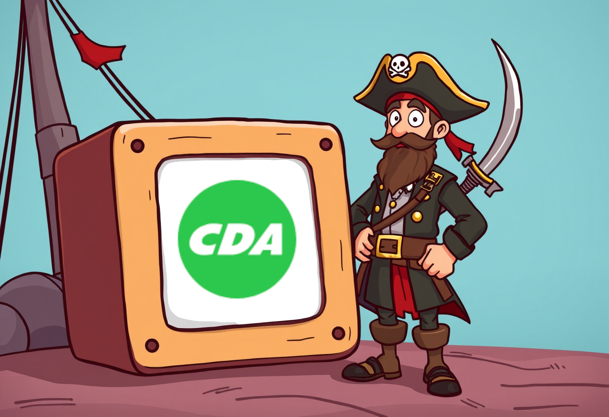 Piraat die naast de politieke tv staat waar het logo van CDA is te zien.