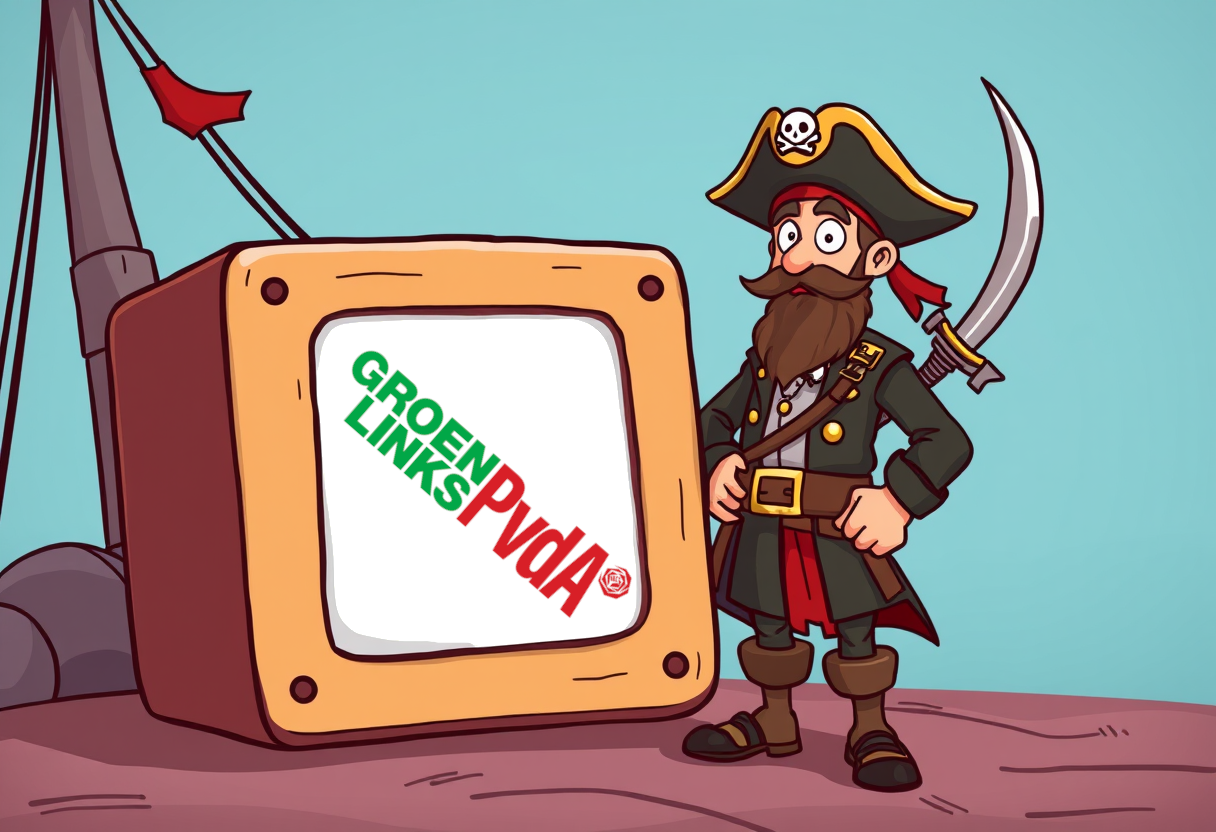 Piraat die naast de politieke tv staat waar het logo van GLPVDA is te zien.