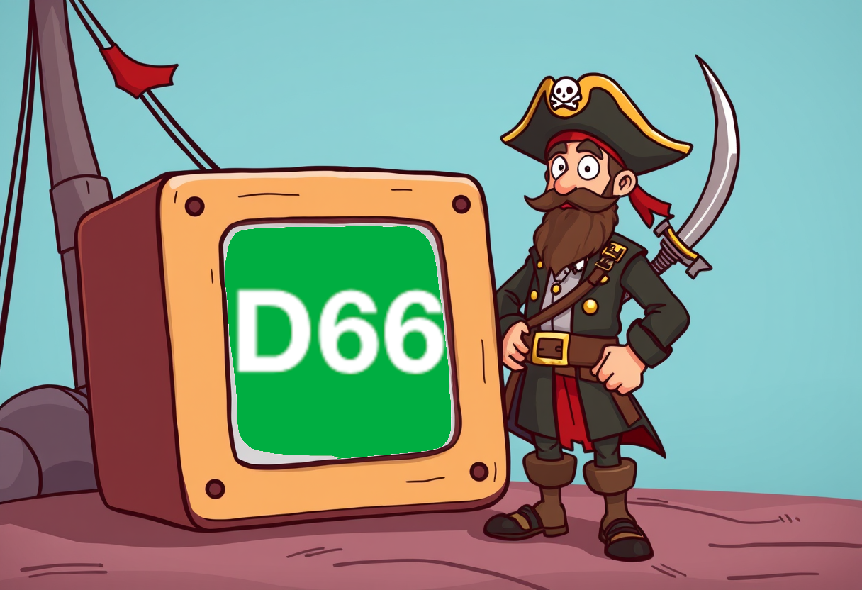 Piraat die naast de politieke tv staat waar het logo van D66 is te zien.