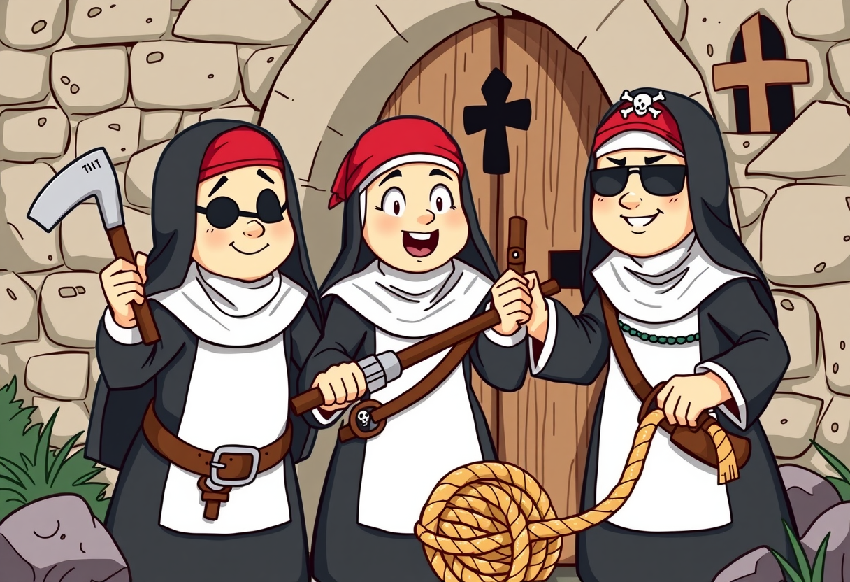 3 nonnen in piratenstijl bij een klooster