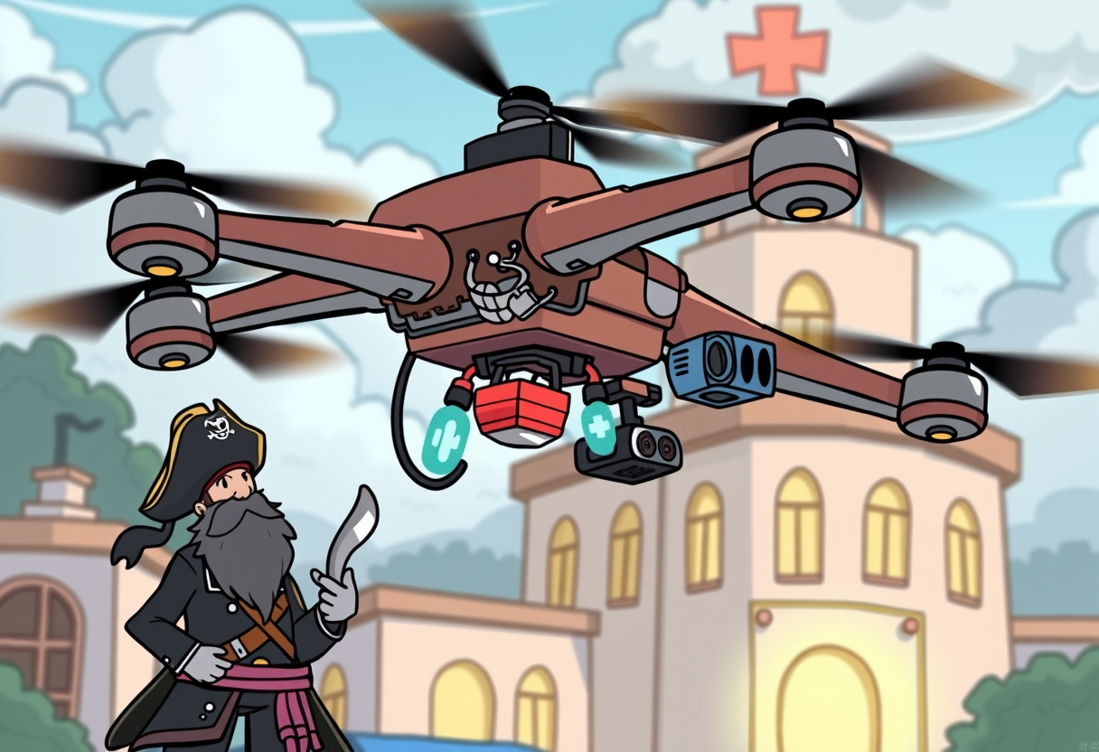 een drone die vliegt terwijl een piraat ernaar kijkt.