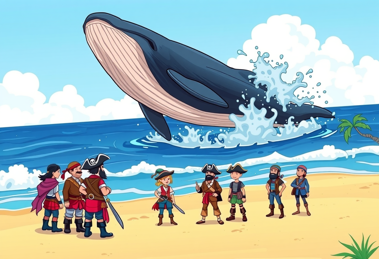 Piraten die kijken naar een aangespoelde walvis