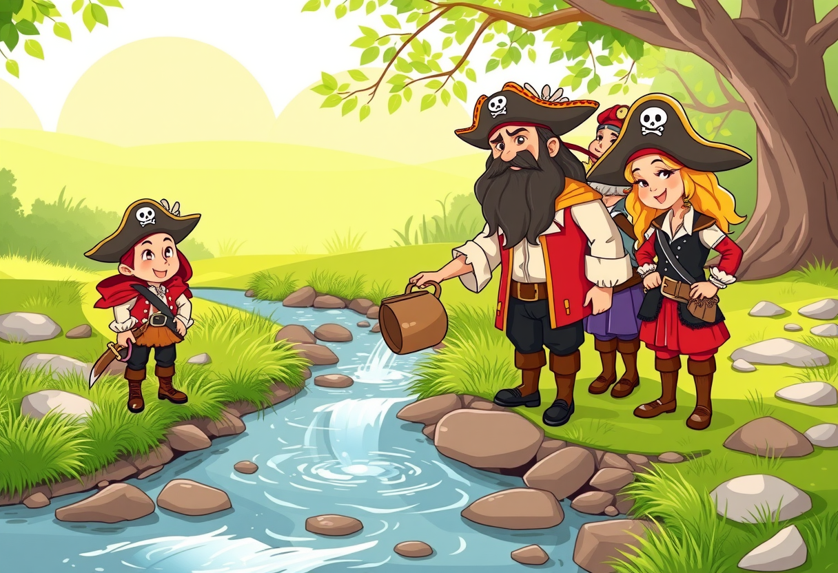 Piraten die een emmer water legen in een beek