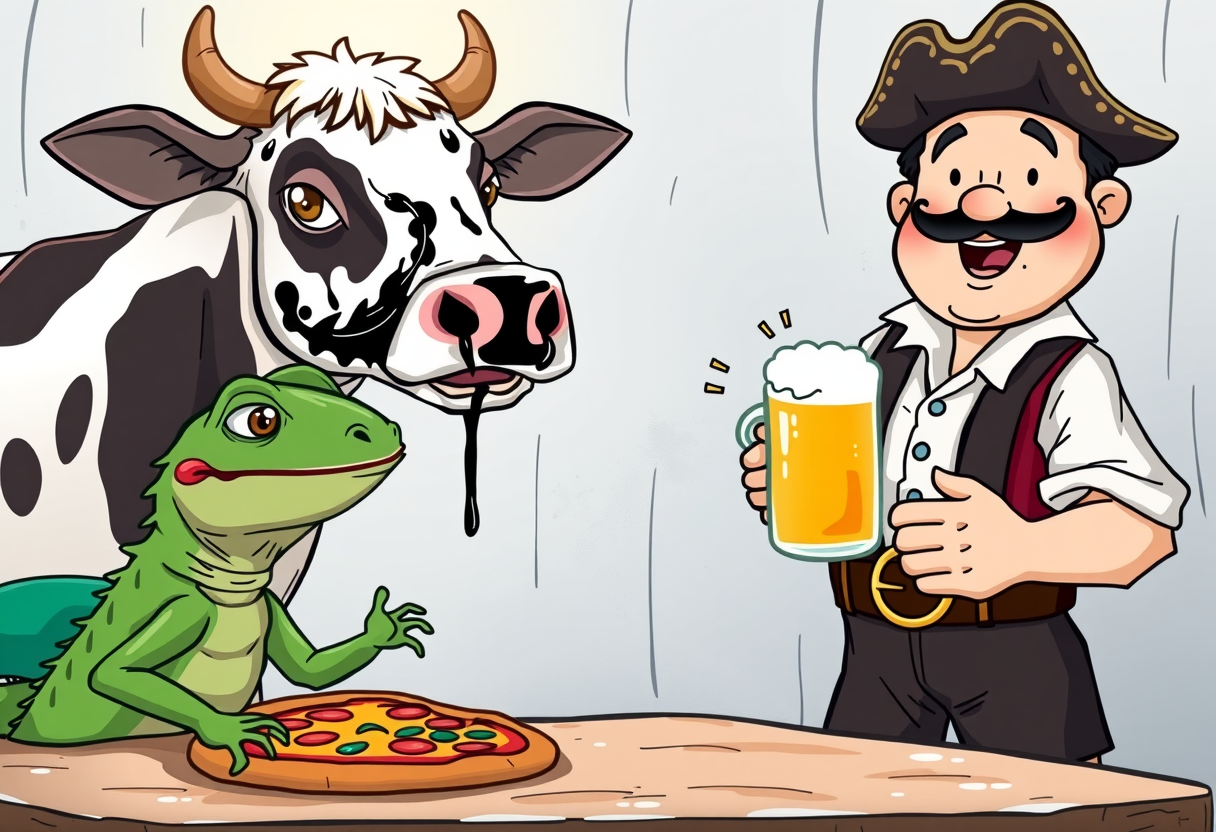 Een hagedis die pizza eet, een koe die geverfd is en een man die bier drinkt.