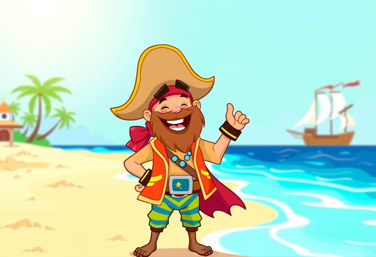 Een vrolijke piraat op een strand
