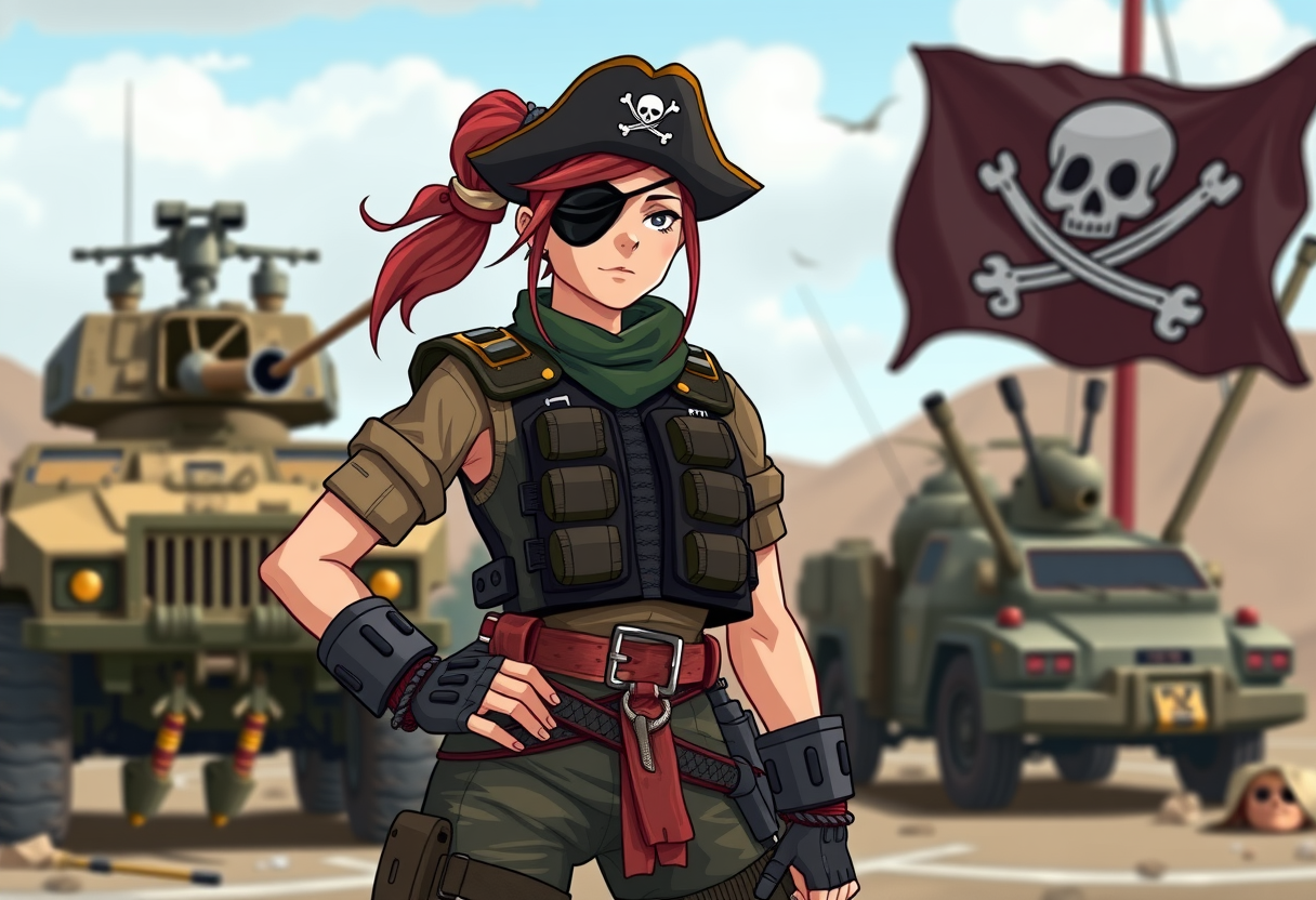 Een militaire vrouw met een vest in piratenstijl