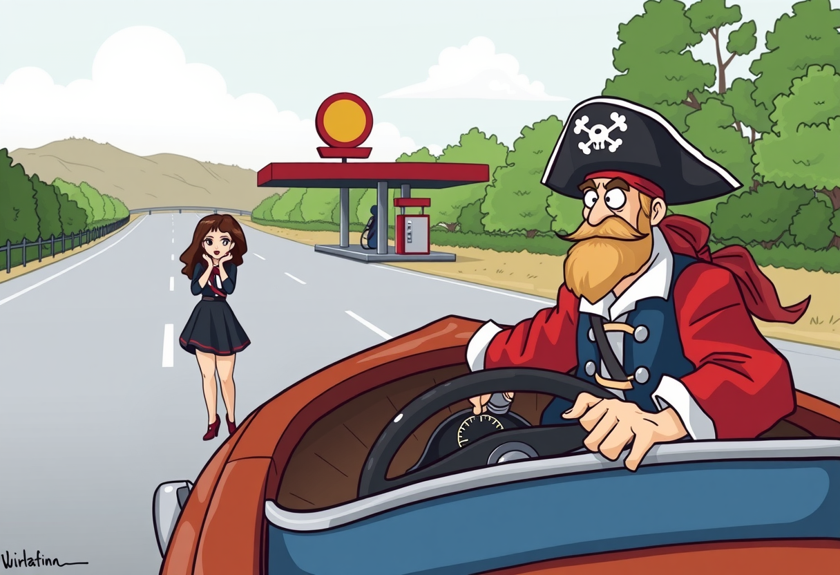 Een piraat die zijn vrouw was vergeten bij het benzinestation