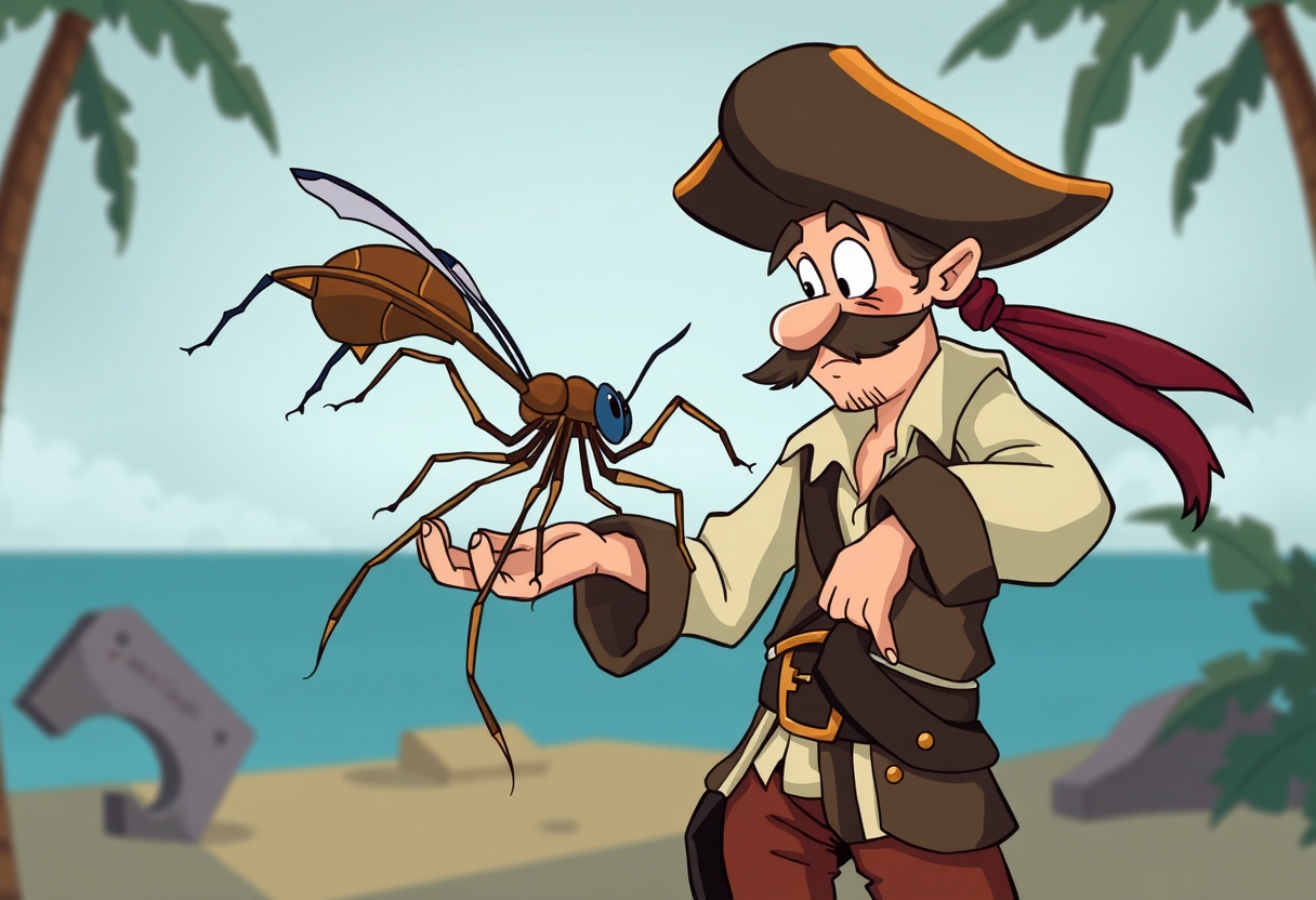 Een piraat met een insect in zijn hand
