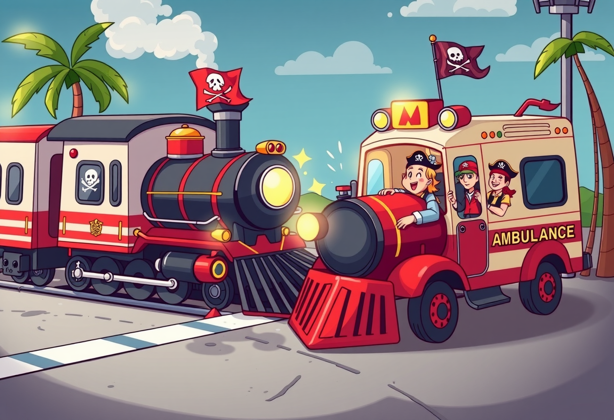 Een trein botst tegen een ambulance in piraten stijl