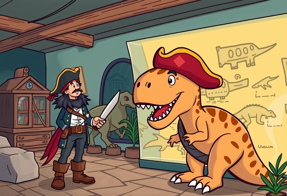 Een piraat die in een museum naar een dino kijkt