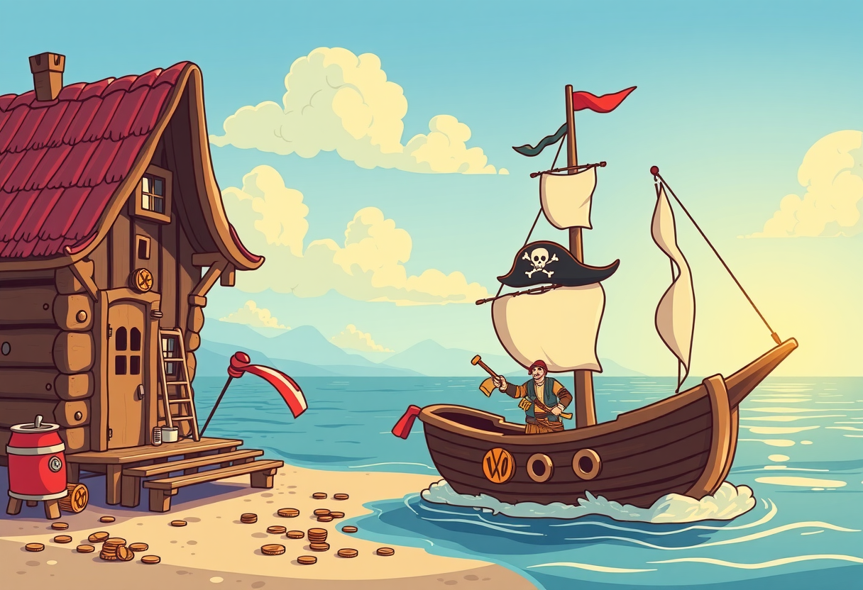 Een piraat in een boot en een huis