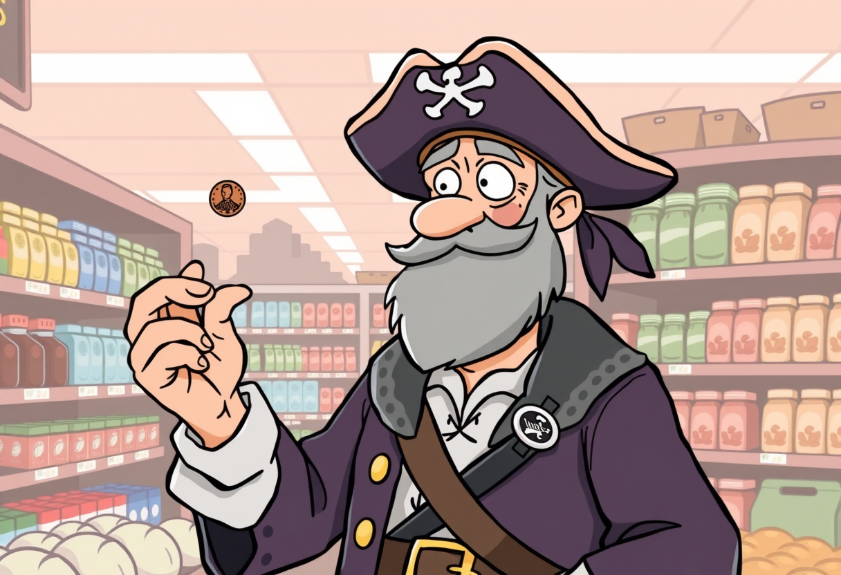 Een piraat met geld in de supermarkt