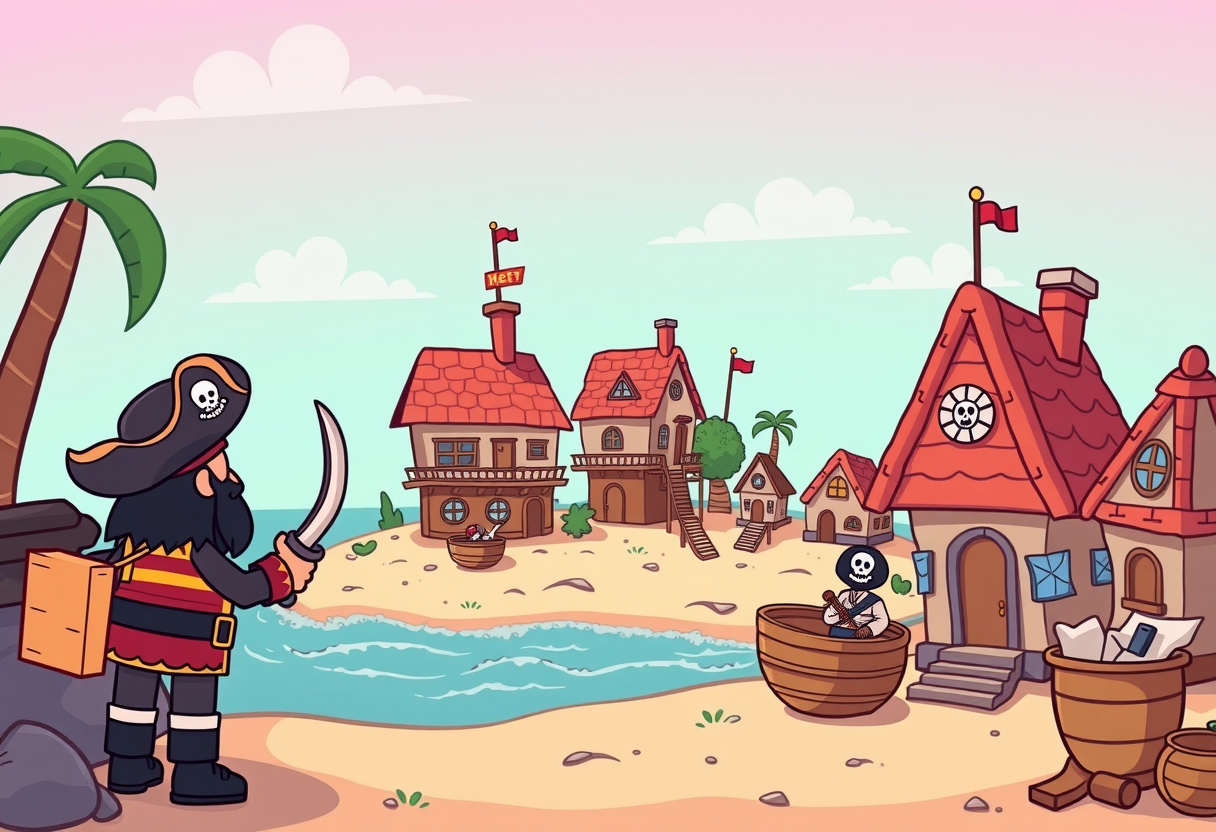 Een piraat die naar huizen kijkt