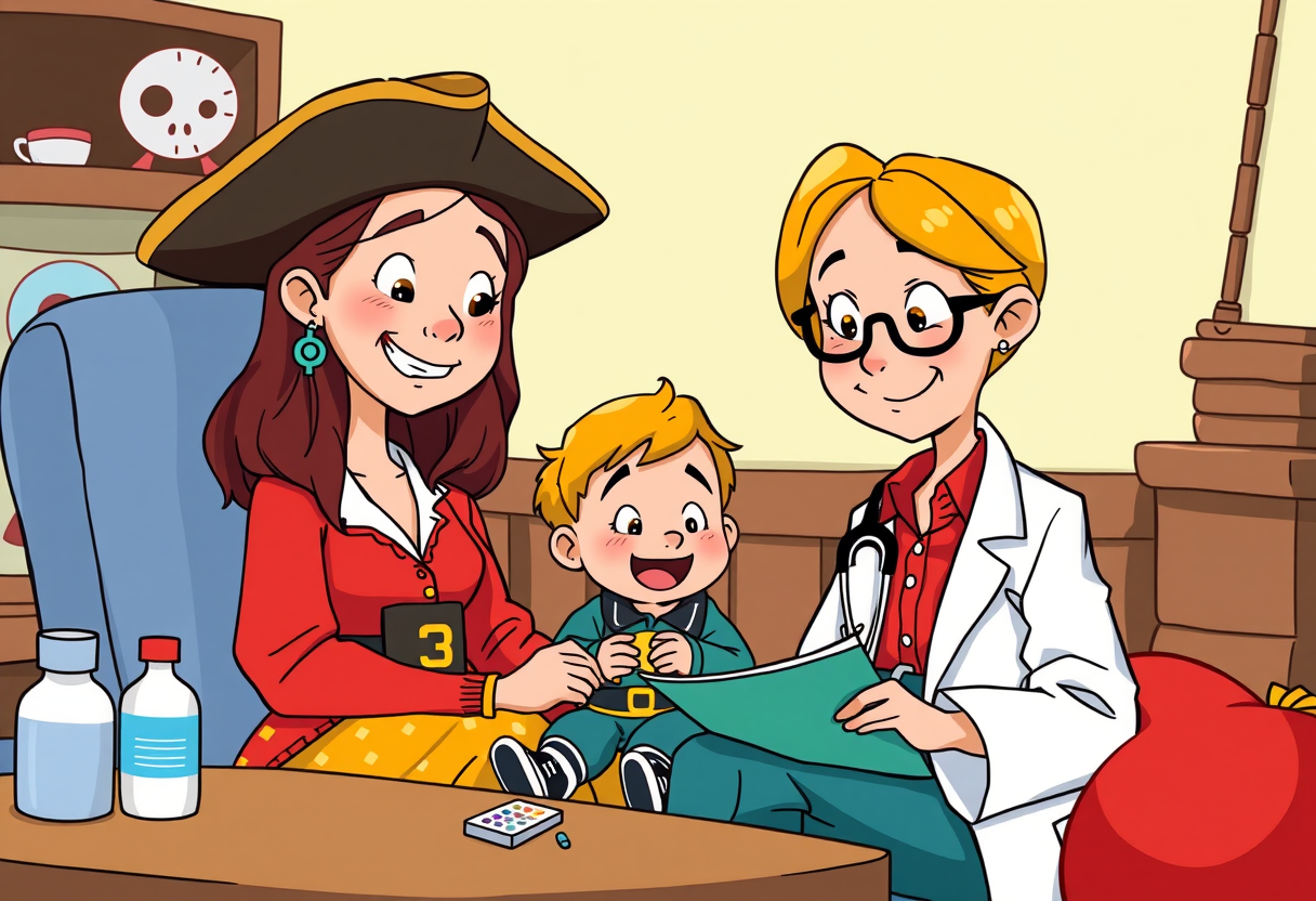 Een moeder en een kind bij de dokter in piratenstijl