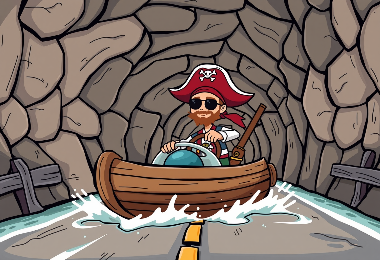 Een piraat die door een tunnel rijd
