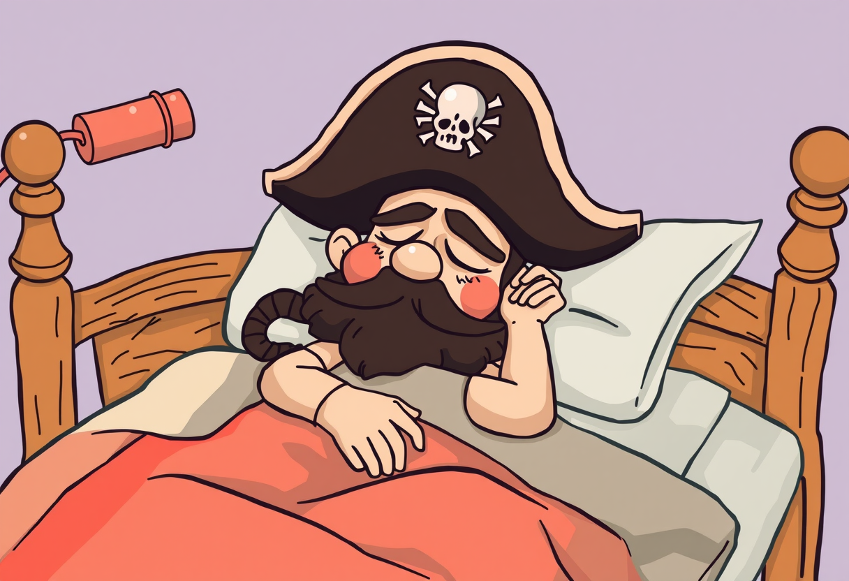 Een piraat die slaapt in een bed