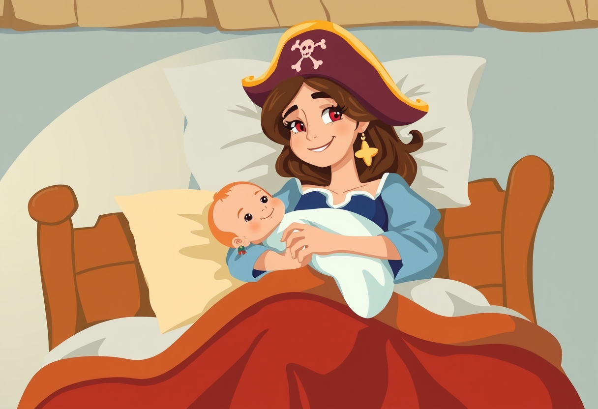 Een piraten vrouw die een kind beethoud in haar armen in bed
