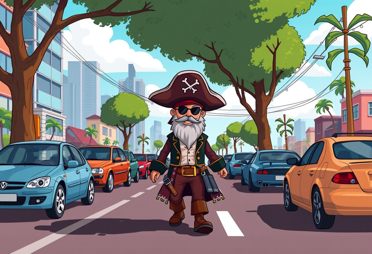 Een piraat die door de stad loopt