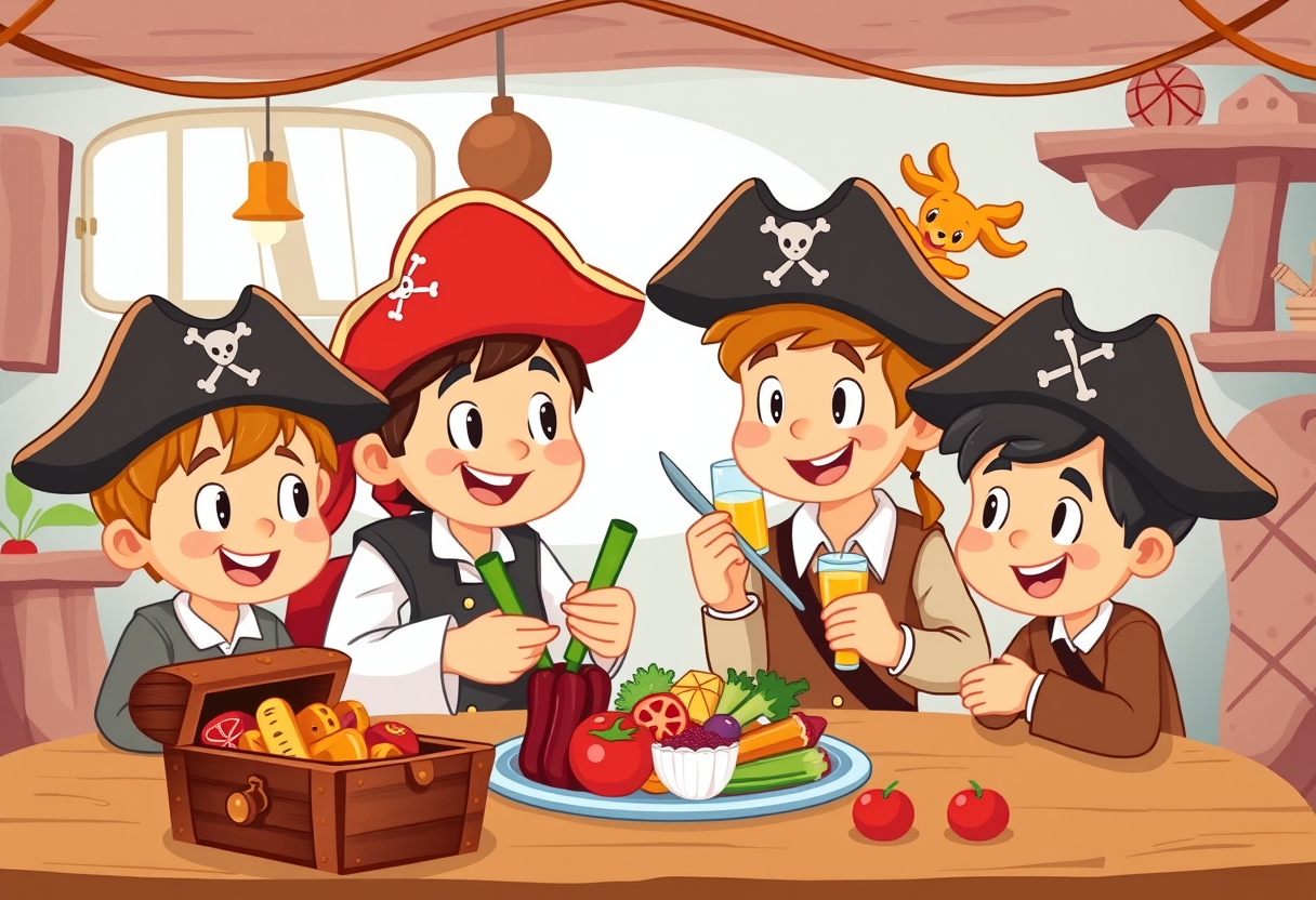 Kinderen die een gezonde maaltijd krijgen op school in piraten stijl