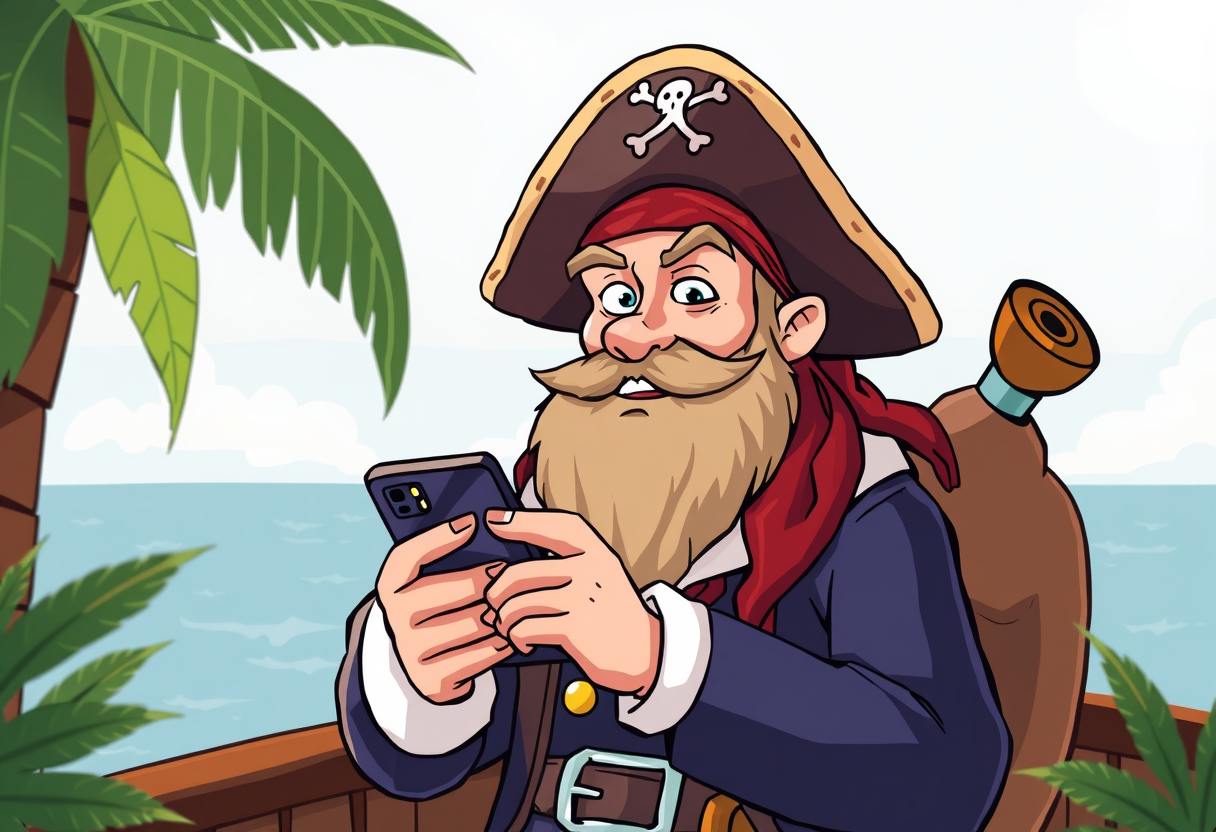 Een piraat die op zijn telefoon zit