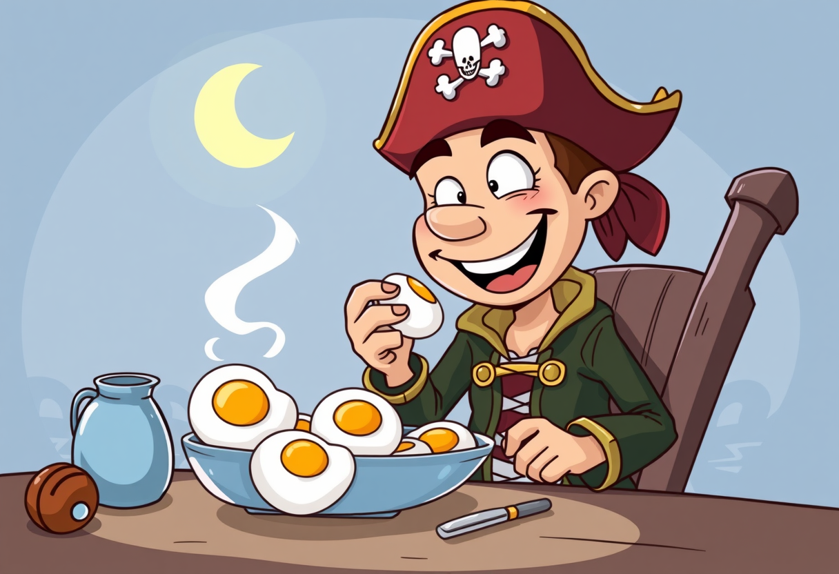 Een piraat die eieren eet als ontbijt