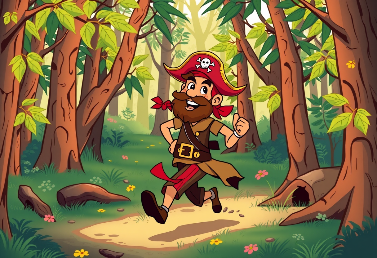 Een piraat die jogt in de bossen
