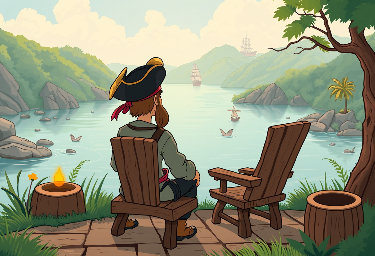 Een piraat die op een stoel zit in de natuur