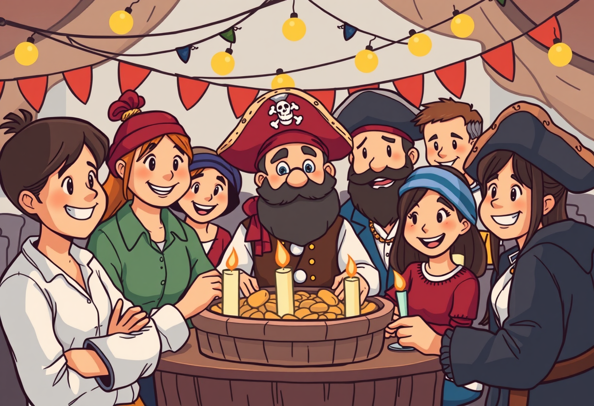 Een groep mensen in piratenstijl