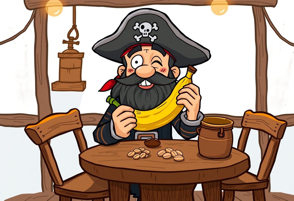 Een piraat die een banaan eet en pinda's liggen op tafel
