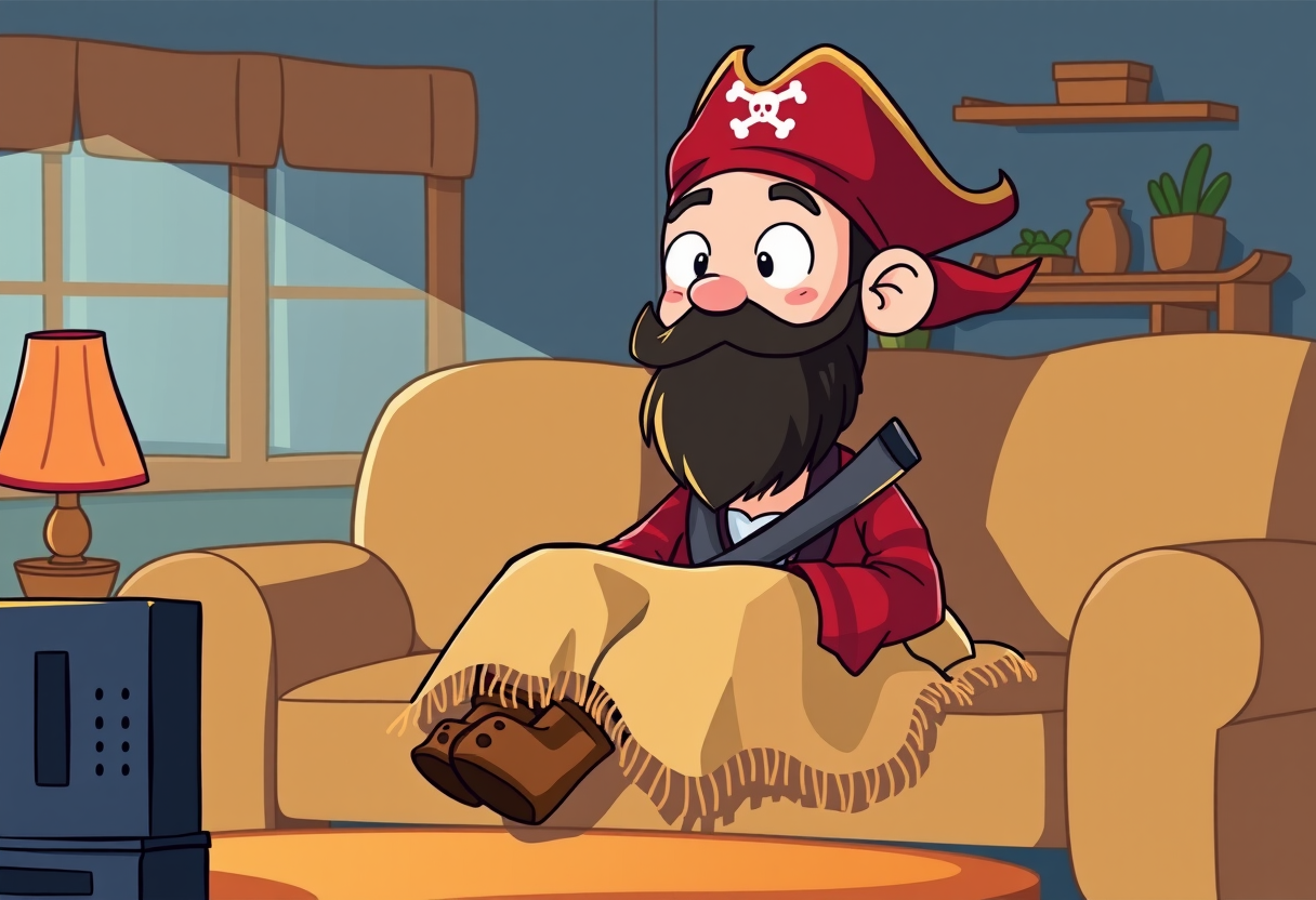 Een piraat die tv kijkt op de bank