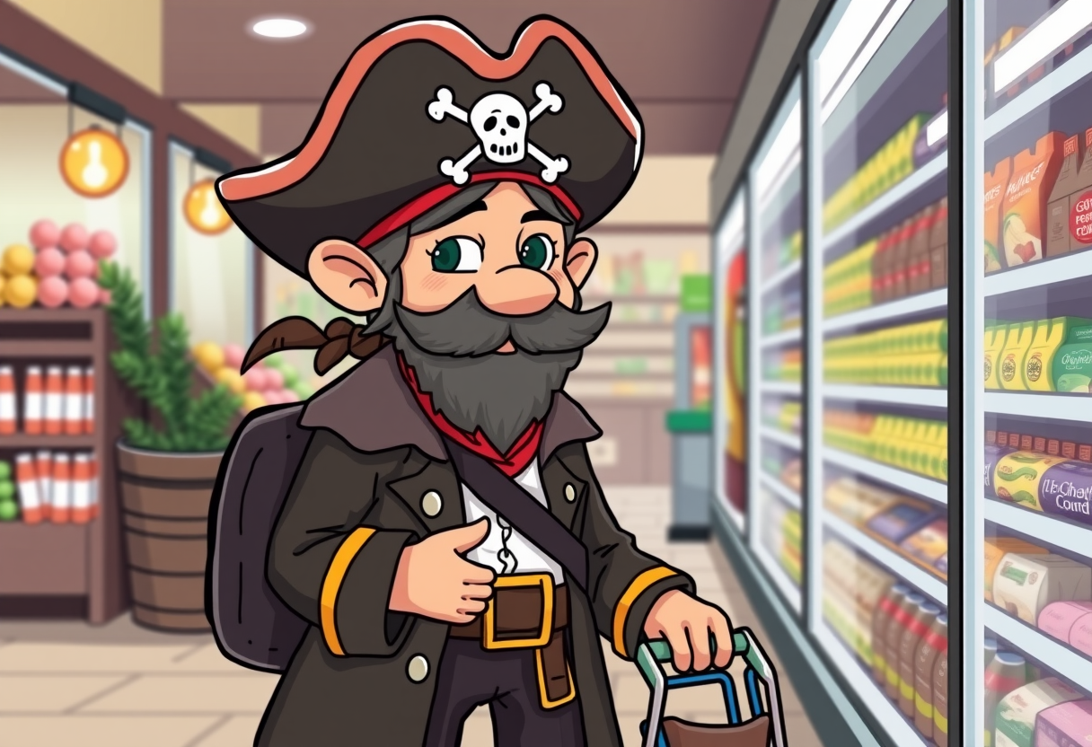 Een piraat die boodschappen doet