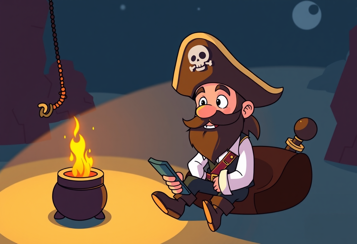 Een piraat met een telefoon