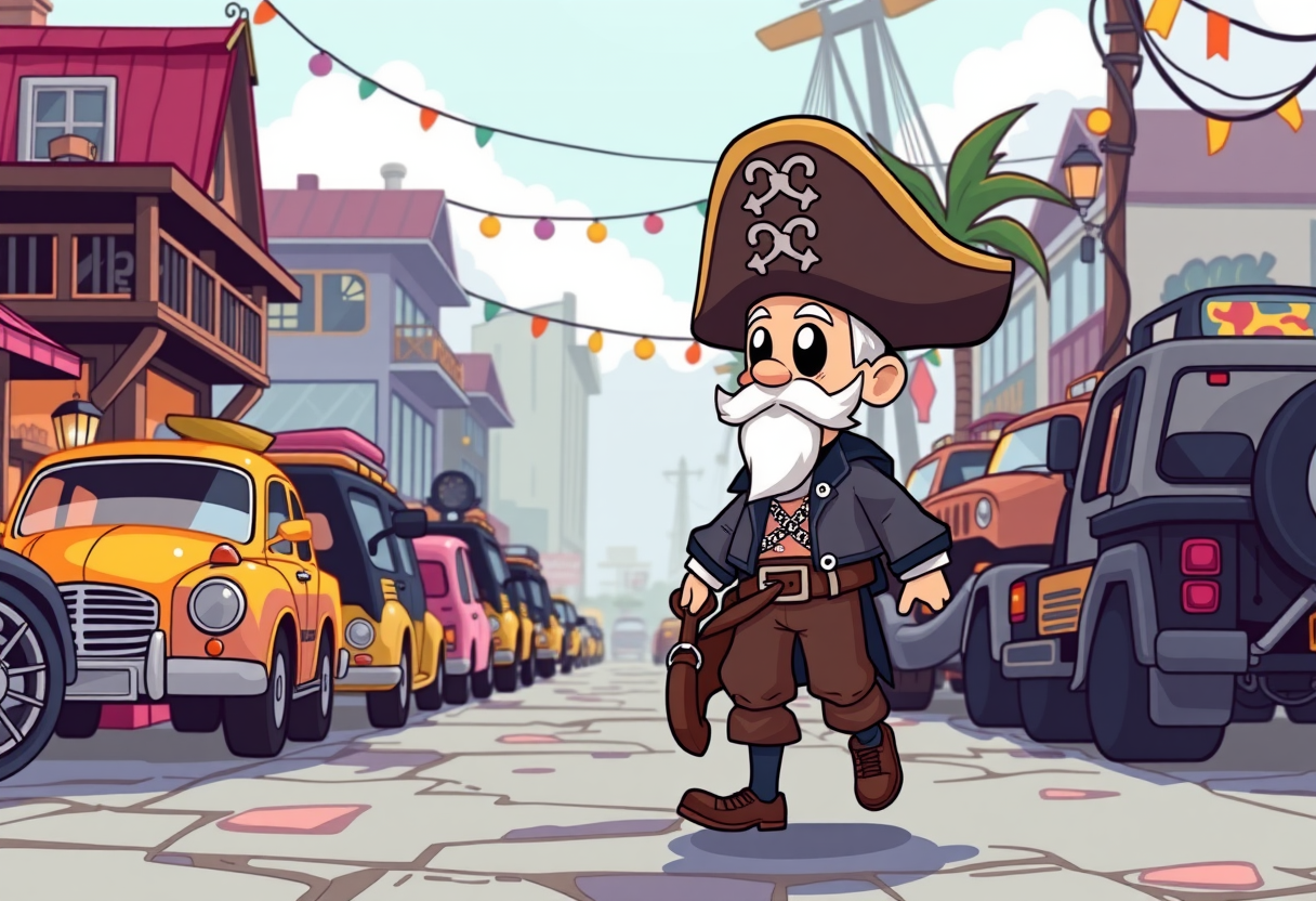 Een piraat met auto's op de achtergrond
